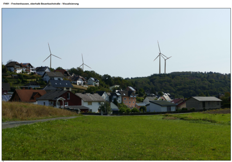 Visualisiertes Foto des Windparks Stocksol - aus Sicht des Ortsteiles Frechenhausen, oberhalb Beuerbachstraße